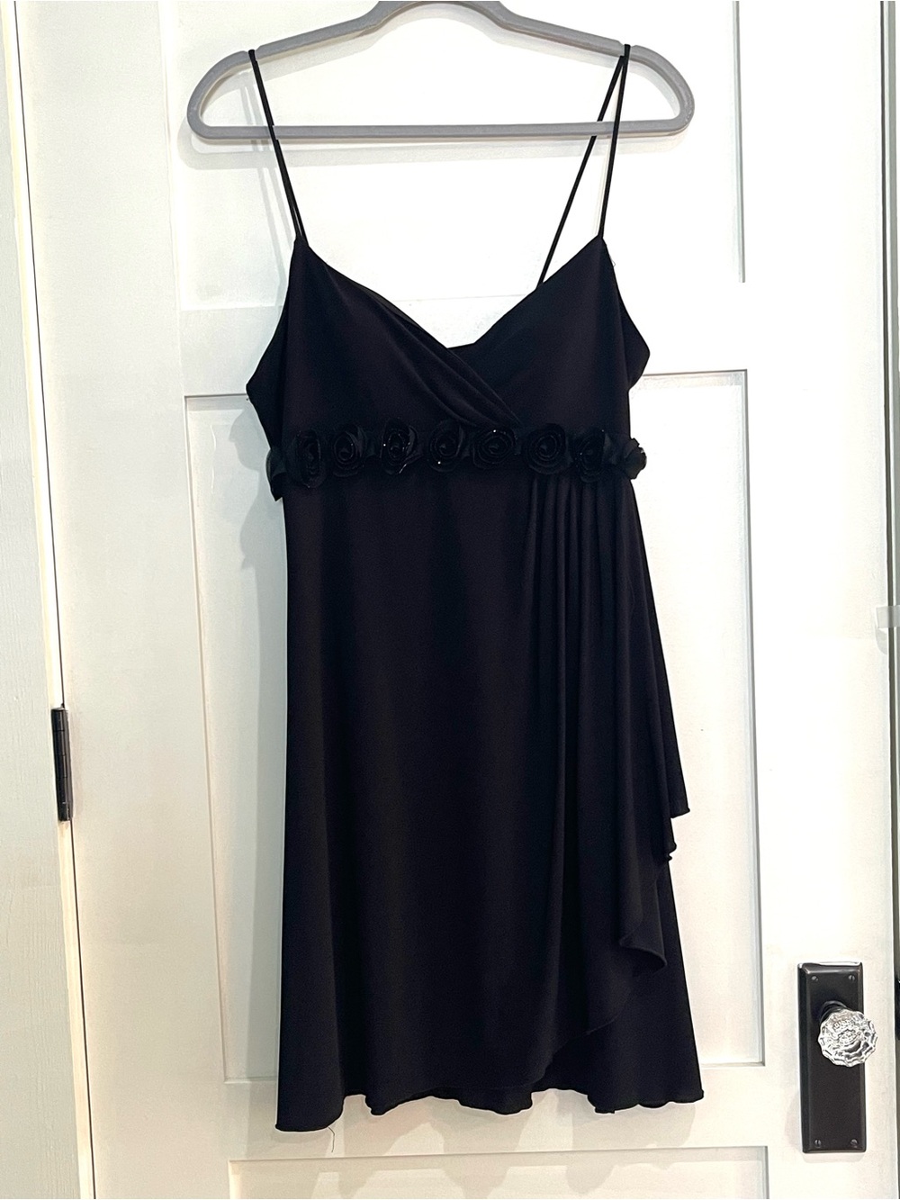Black Spaghetti-Strap Cocktail Dress with Rosette Waist
